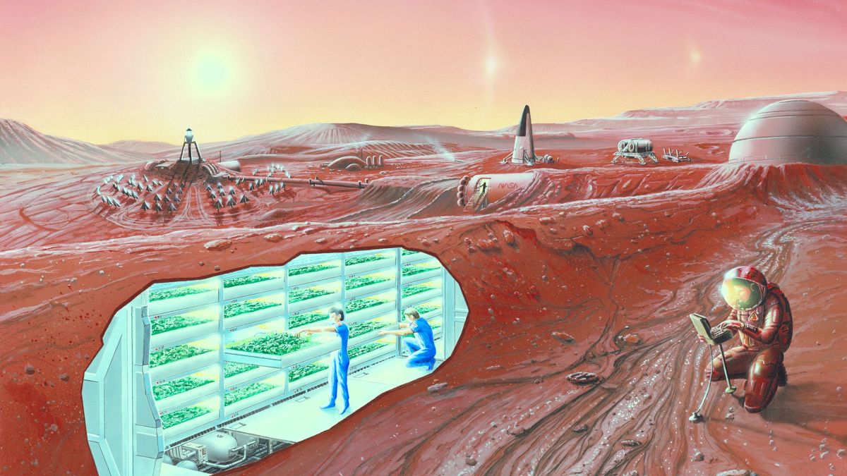 An illustration of a Martian Revolution showcases a colony with astronauts tending to plants in a greenhouse embedded in the surface, under a red sky with two suns.
