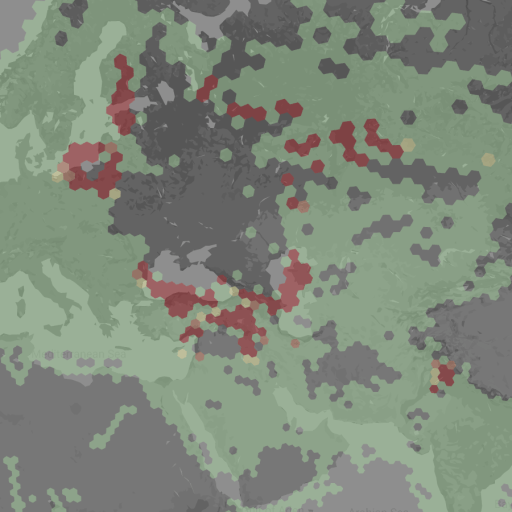 Hexagonal map showing Europe, parts of Asia, and North Africa in varying shades of green and gray, with clusters of red and purple indicating specific regions.