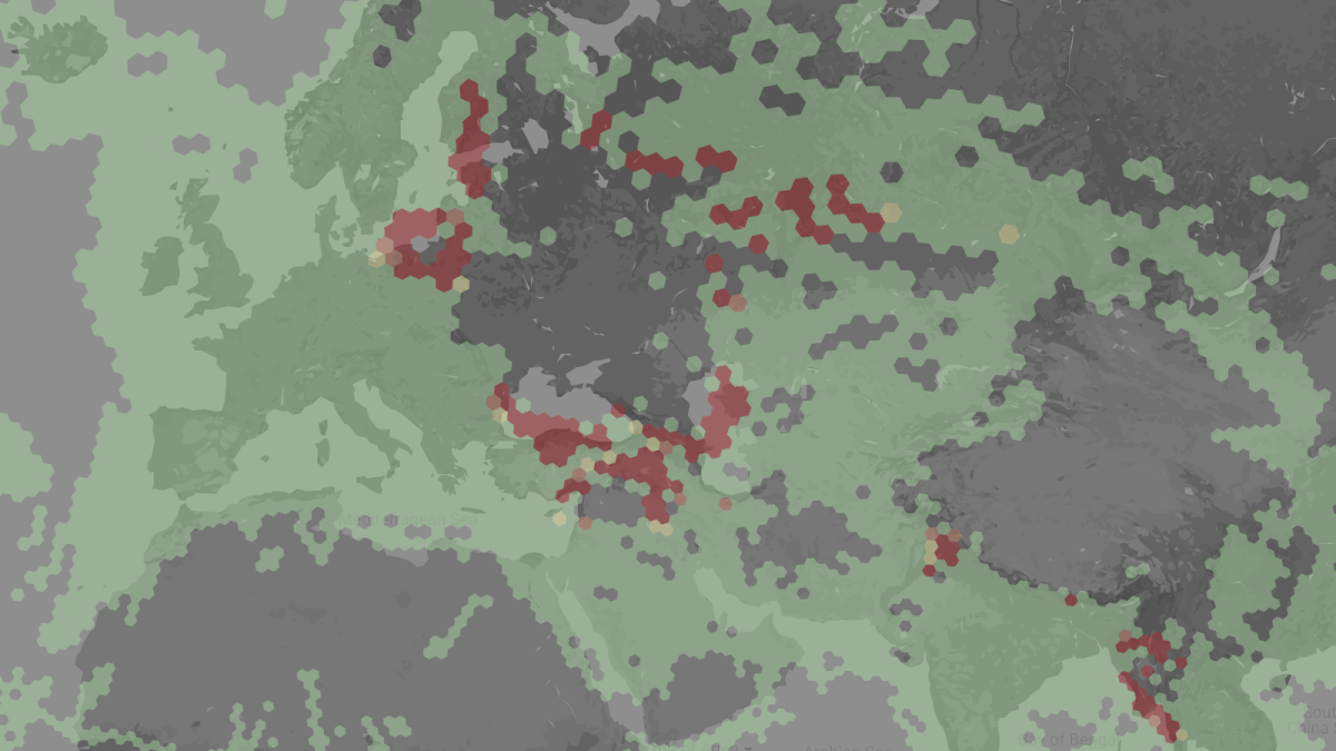 Hexagonal map showing Europe, parts of Asia, and North Africa in varying shades of green and gray, with clusters of red and purple indicating specific regions.