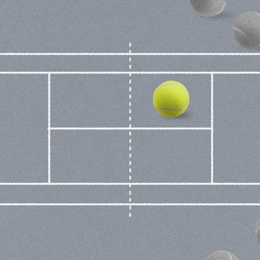 Illustration of a tennis court diagram featuring a bright yellow tennis ball, symbolizing success amidst several gray tennis balls, representing the journey through failure.