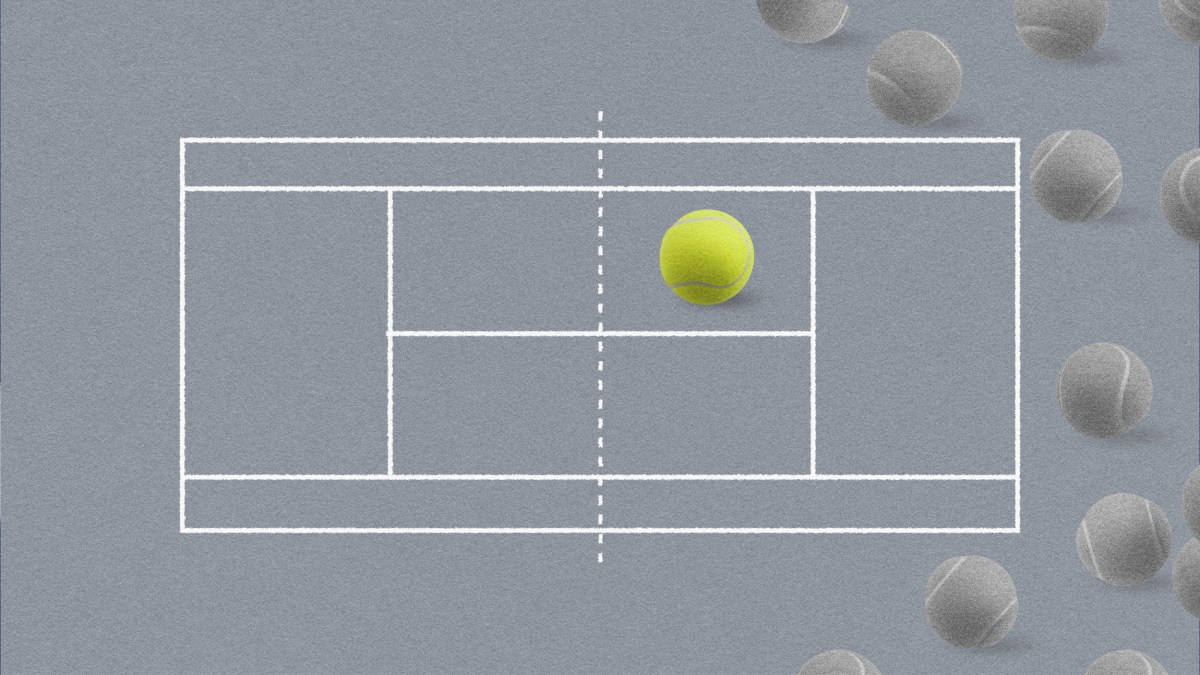 Illustration of a tennis court diagram featuring a bright yellow tennis ball, symbolizing success amidst several gray tennis balls, representing the journey through failure.