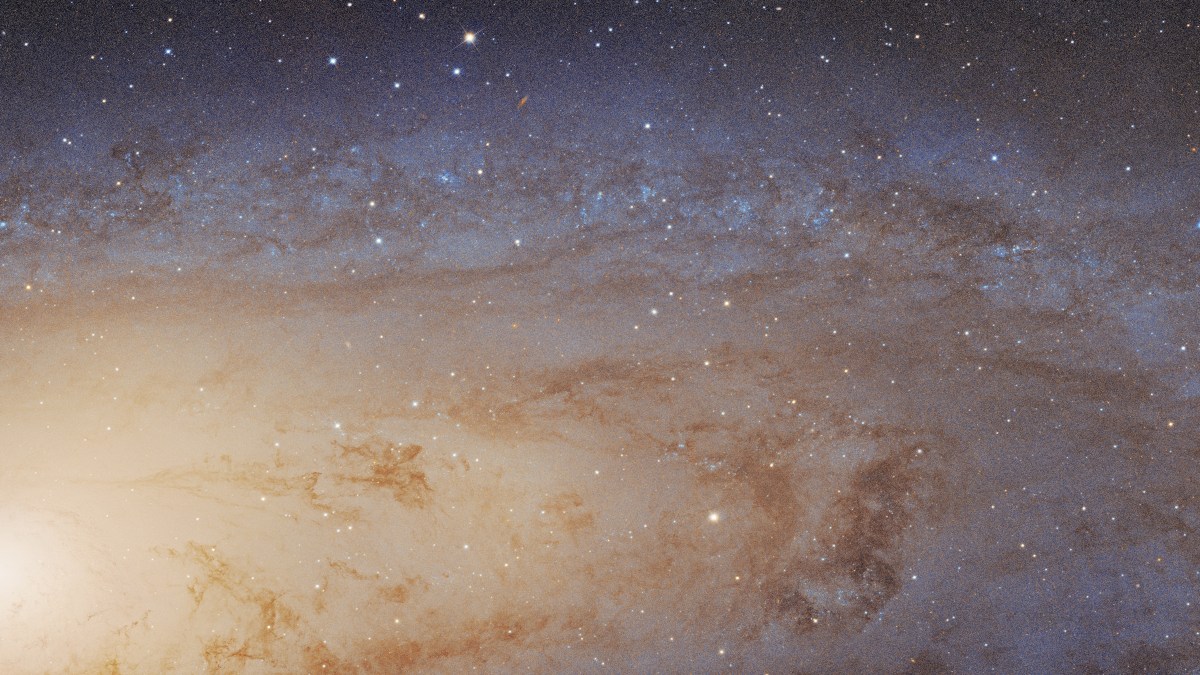 A galaxy with bright stars and swirling clouds of dust creates the largest galactic mosaic, set against a dark space backdrop.