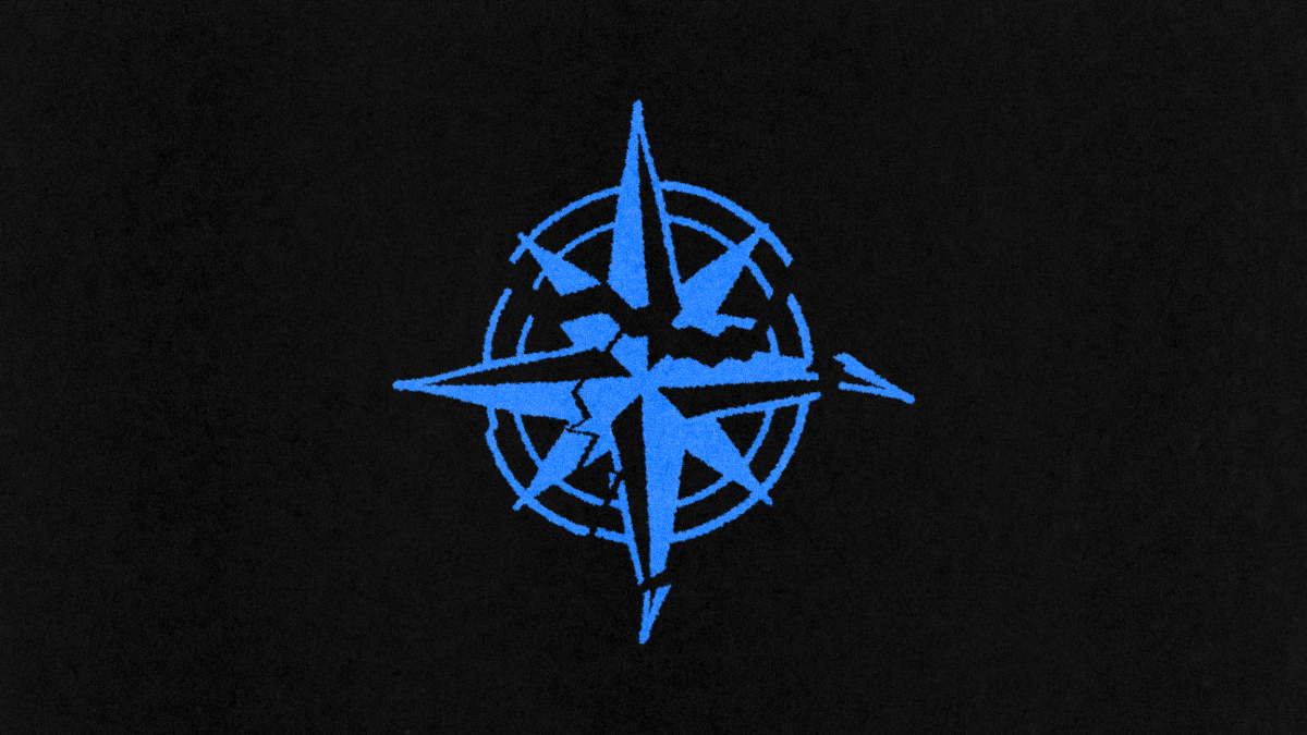 A blue compass rose emblem with a fractured design symbolizes navigation through the struggles of addiction, set starkly against a black background.