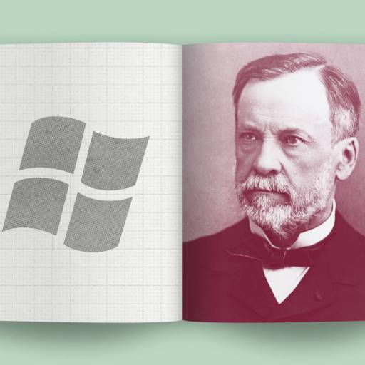 Open book with a four-pane window logo on the left page and an illustrated portrait of a man on the right page, reminiscent of Pasteur's quadrant. Background is light green.