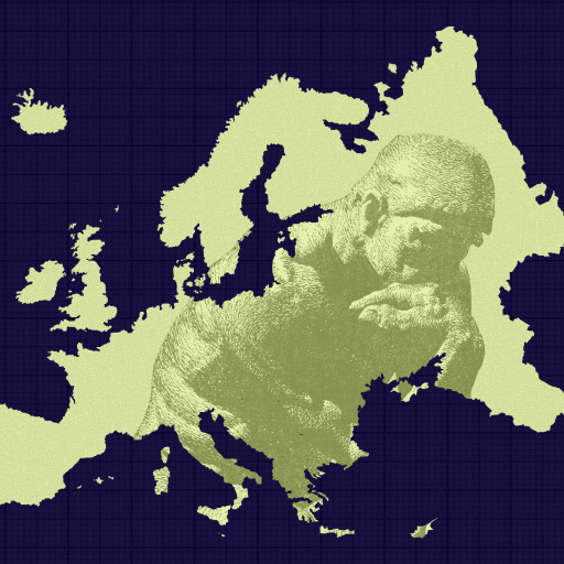 Map of Europe overlaid with an image of a contemplative monkey, set against a dark blue grid background.