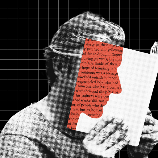 A person with light hair is turned sideways, holding and reading a partially redacted book filled with pseudonyms, all set against a black grid background.