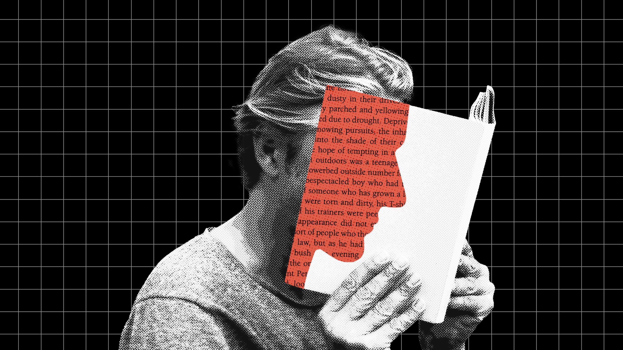 A person with light hair is turned sideways, holding and reading a partially redacted book filled with pseudonyms, all set against a black grid background.