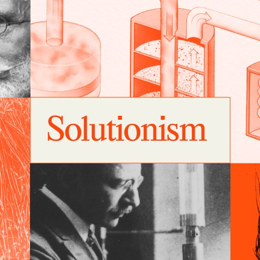 Collage featuring scientific diagrams, two black-and-white portraits of men, wheat plants, and "Solutionism" text in the center.