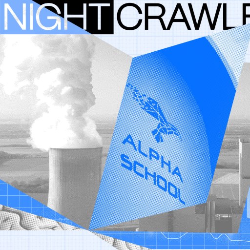 Collage featuring a power plant, Alpha School text and logo, graphs, and "The Night Crawler" title on a geometric blue and white background, seamlessly incorporating AI education elements.