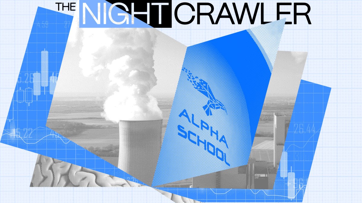 Collage featuring a power plant, Alpha School text and logo, graphs, and "The Night Crawler" title on a geometric blue and white background, seamlessly incorporating AI education elements.