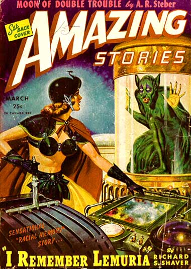 Vintage sci-fi magazine cover shows a warrior woman in armor and cape beside a glass chamber containing a green, horned creature. Text reads "Amazing Stories" and "I Remember Lemuria.