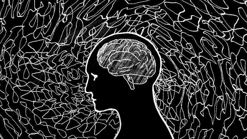 Silhouette of a human head with an outlined brain, set against a background of abstract swirling white lines on black.