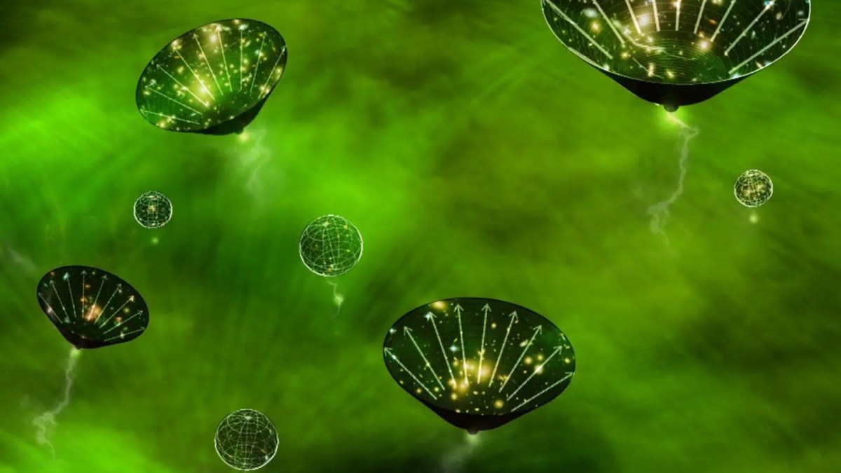 Green glowing orbs and funnel-shaped structures with light patterns floating in a vibrant green misty background.