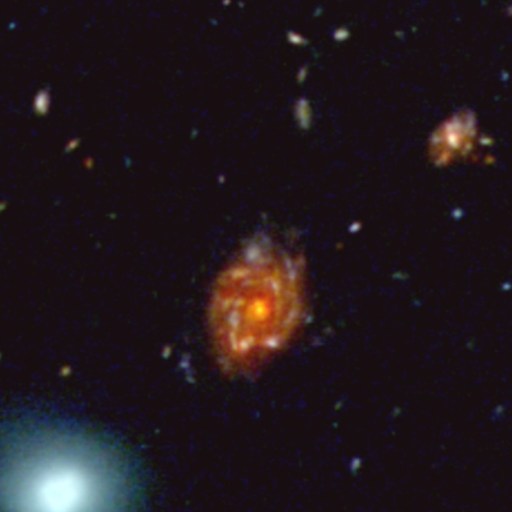 A colorful, spinning galaxy with a bright orange core, existing for 12 billion years, is surrounded by smaller galaxies and star clusters against a black space background.