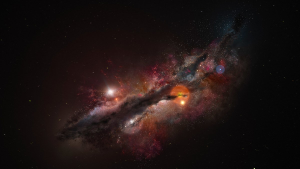 Colorful galaxy with dark dust lanes and bright stars, set against a deep space background.