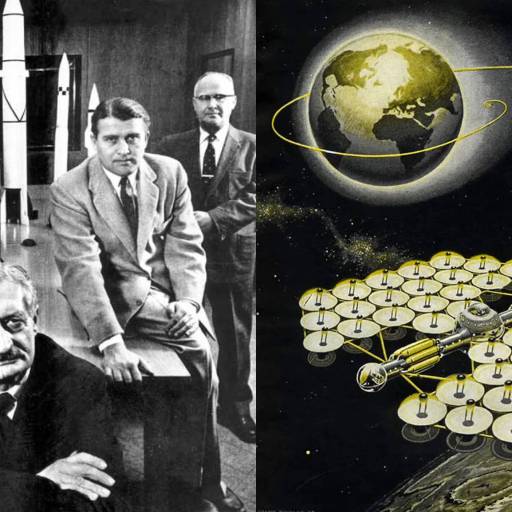A group of five men in suits pose with model rockets, showcasing their commitment to fundamental research. Beside them, an illustration depicts a space station orbiting Earth and the Moon, highlighting their visionary investment in space exploration.