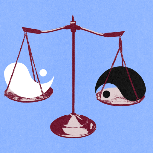 Illustration of a balance scale with a white yin-yang symbol on the left and a black yin-yang symbol on the right, both slightly tilted. The background is light blue.