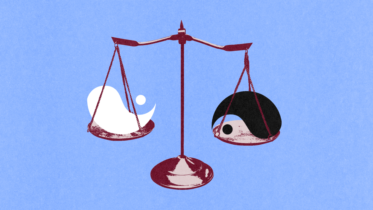 Illustration of a balance scale with a white yin-yang symbol on the left and a black yin-yang symbol on the right, both slightly tilted. The background is light blue.