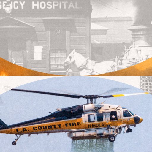 Collage featuring a historical emergency hospital photo, a palm tree silhouette, and an L.A. County fire helicopter soaring above the cityscape—a testament to build better, resilient urban landscapes.
