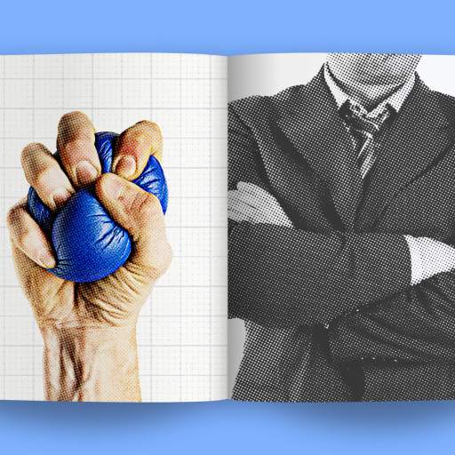 Open book showing a close-up of a hand squeezing a blue stress ball on the left page, symbolizing pressure, while a grayscale image of a person in a suit with crossed arms graces the right page, set against a serene blue backdrop.