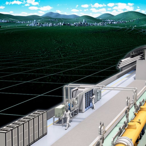 Illustration of a large particle accelerator facility underground, with scientists working and a city landscape above ground.