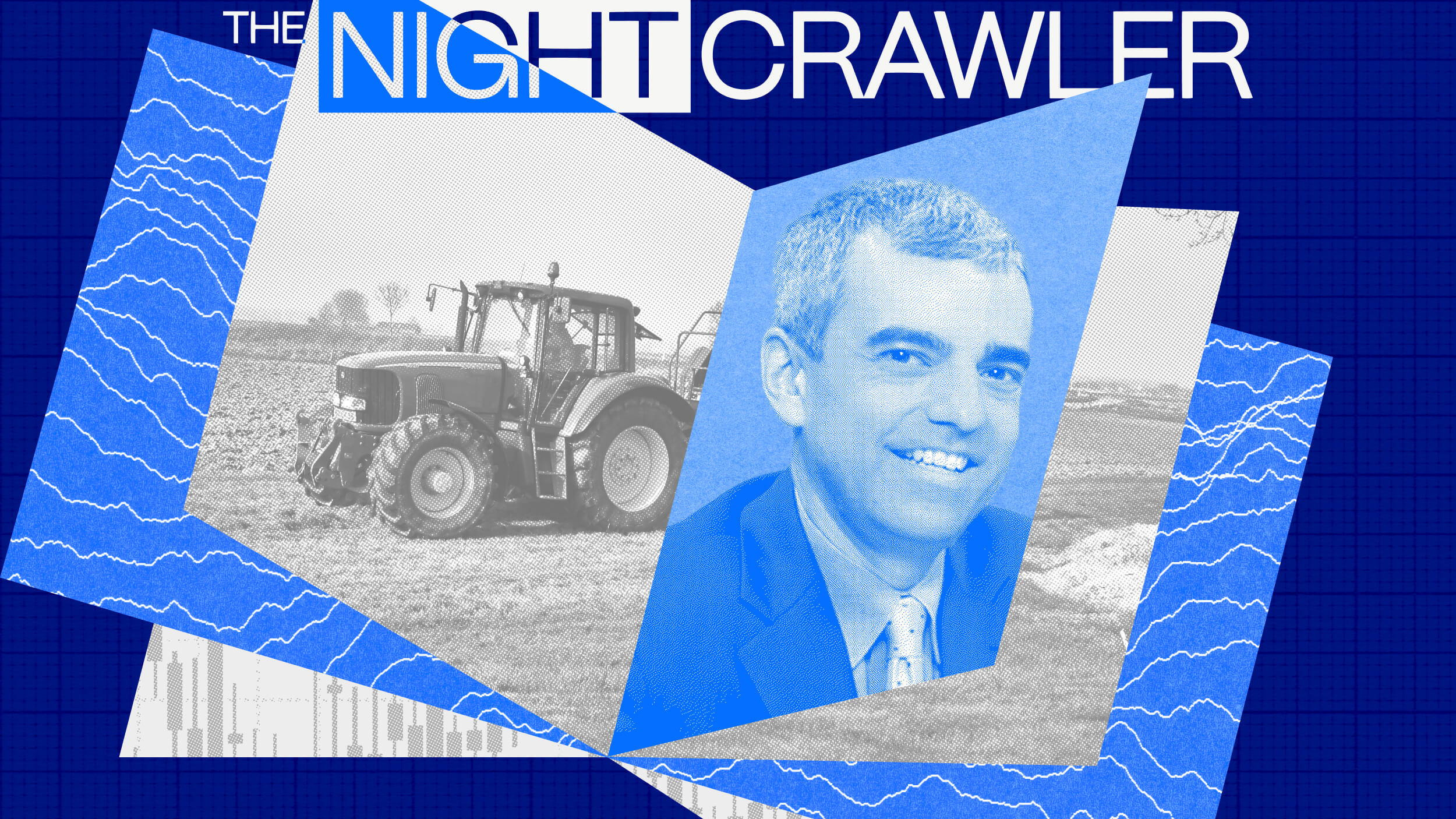 A collage with “The Nightcrawler” text, a grayscale photo of a tractor in a field, and a blue-tinted portrait of a man in a suit, layered on blue backgrounds with chart graphics that hint at long-term investing trends.