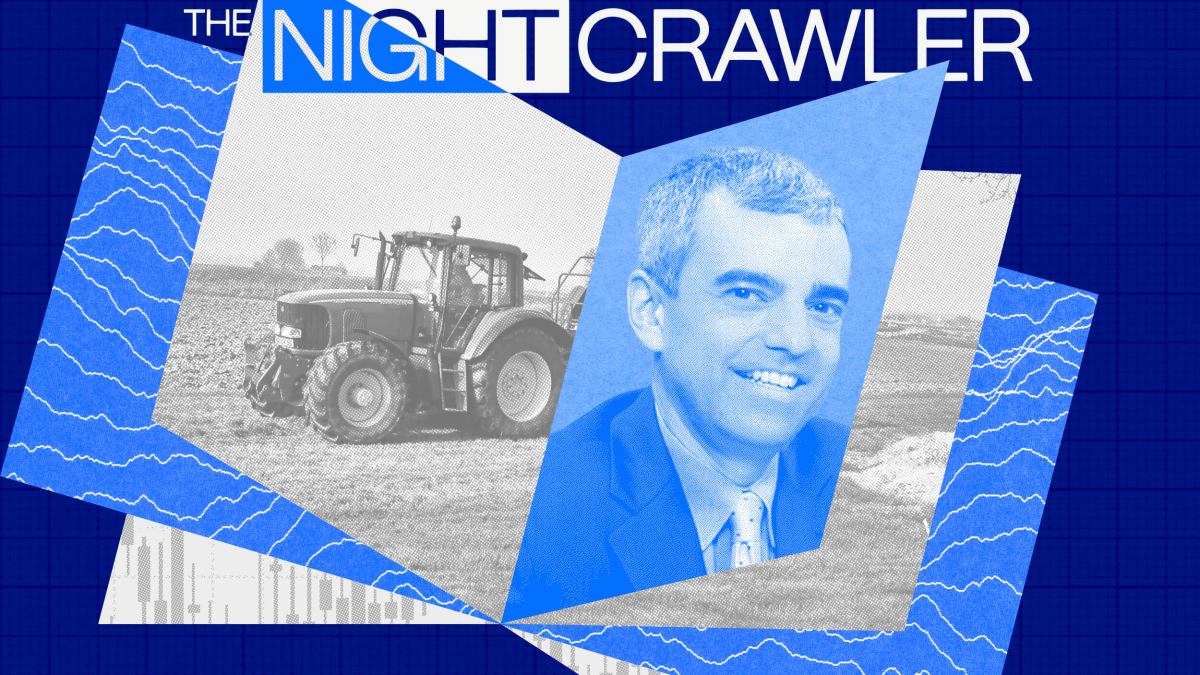 A collage with “The Nightcrawler” text, a grayscale photo of a tractor in a field, and a blue-tinted portrait of a man in a suit, layered on blue backgrounds with chart graphics that hint at long-term investing trends.