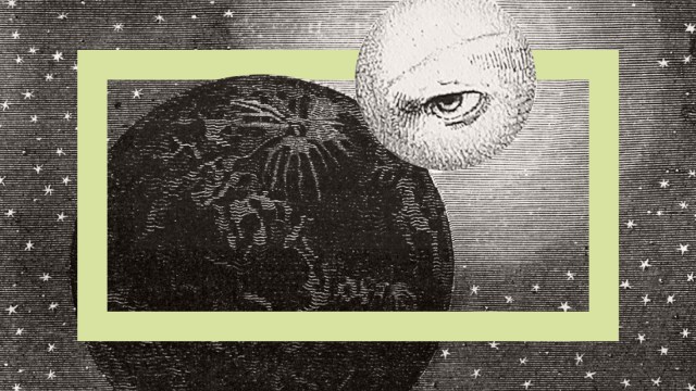 A vintage-style illustration of a celestial scene, echoing science fiction by scientists, features a textured black planet and a whimsical moon with an eye, all enclosed in a pale green border against a starry background.