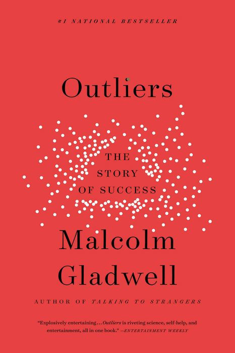 Red book cover for "Outliers: The Story of Success" by Malcolm Gladwell, featuring white dots in a clustered pattern around the title and black serif text.