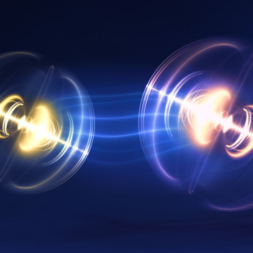 Two luminous circles connected by a glowing blue wave on a dark background, creating a sense of energy and motion.