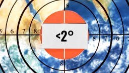 Target symbol over a world map with a central orange circle displaying "< 2°", surrounded by numbers on concentric circles.