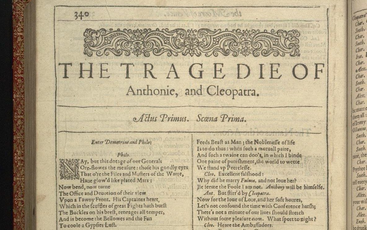 A page from a historical book titled "The Tragedie of Anthonie, and Cleopatra," featuring a dialogue and stage directions in old English typography.