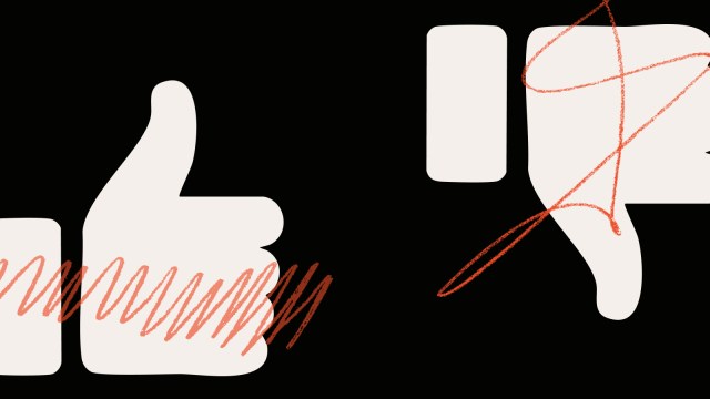 Illustration of a thumbs up and thumbs down, resembling a like button and dislike button, on a black background, both partially covered with red scribble marks.
