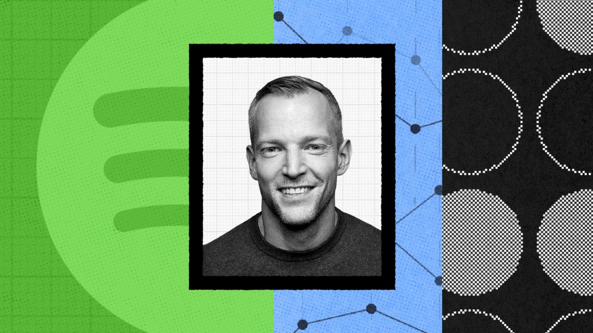 A smiling person in a black and white photo is set against a vibrant, Spotify-themed background with abstract patterns and shapes.