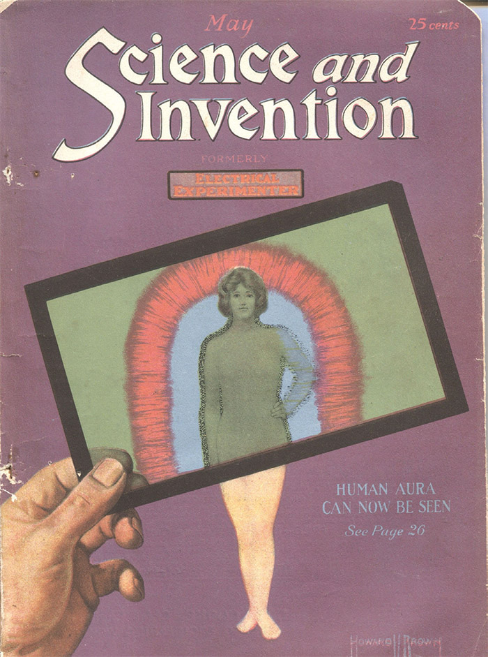Magazine cover titled "Science and Invention" featuring an image of a person with a colorful aura, advertised as "Human Aura Can Now Be Seen.