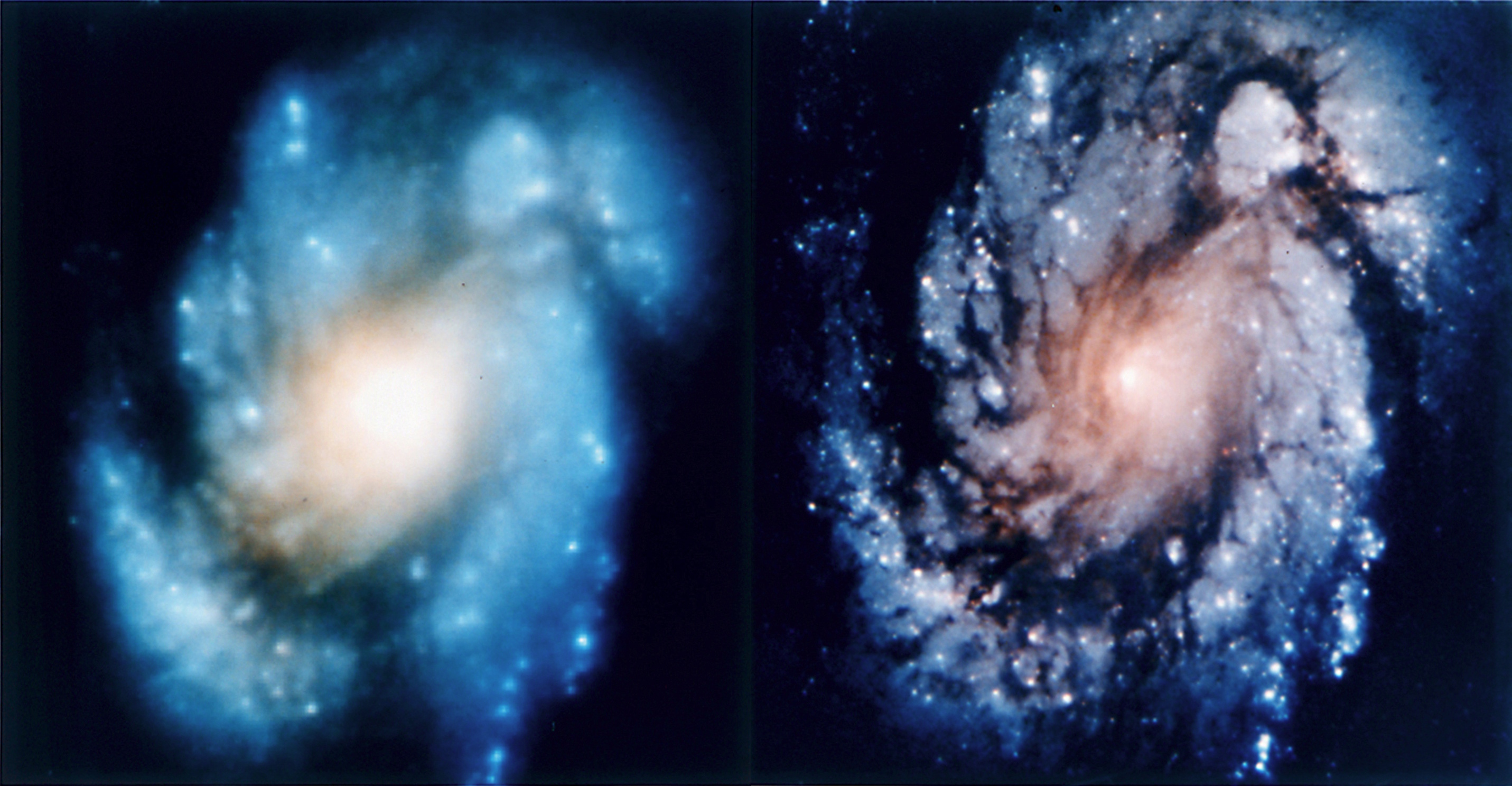 Two images of a spiral galaxy side-by-side. The left image is blurred, while the right, captured by NASA as one of the most important images in history, reveals vivid details of the galaxy's structure and star clusters.