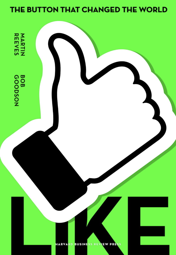 Book cover titled "The Button That Changed the World" with a large thumbs-up icon and authors Martin Reeves and Bob Goodson's names on a green background.