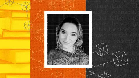 A woman's black and white portrait is centered, crafted by AI creators. An abstract geometric background with orange, black, and yellow segments featuring cube patterns surrounds the photo.