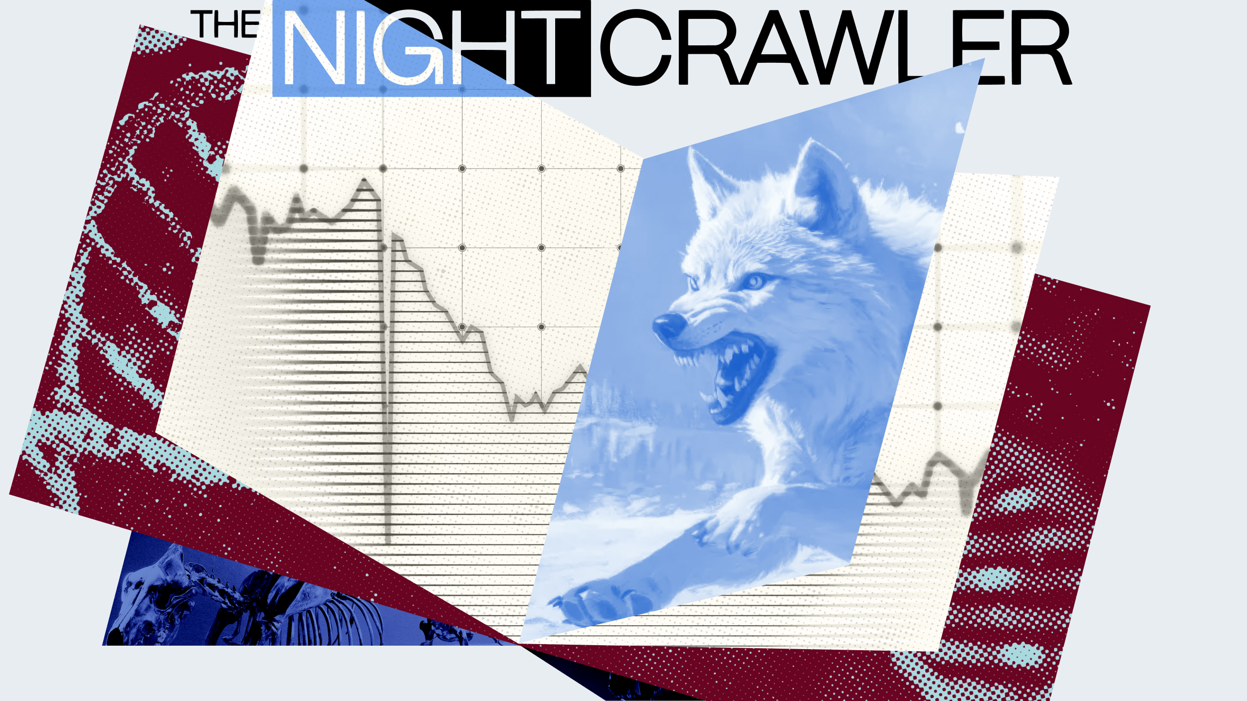 Collage of a snarling wolf, a stock market graph, and abstract shapes, overlaid with the bold text "The Night Crawler" hints at de-extinction possibilities.