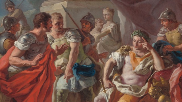 A group of armored men, some gesturing and talking with an air of positivity, gather around a seated figure wearing a laurel wreath and colorful robes; other figures and draped fabric appear in the background.