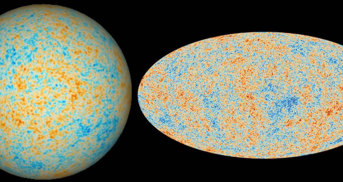 Two visualizations map the cosmos, displaying color-coded cosmic microwave background radiation. Blue and orange patches indicate temperature variations across a spherical and an oval projection.