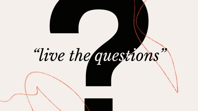 A large black question mark with the words "live the questions" overlaid in cursive font, set against a beige background with red abstract lines.