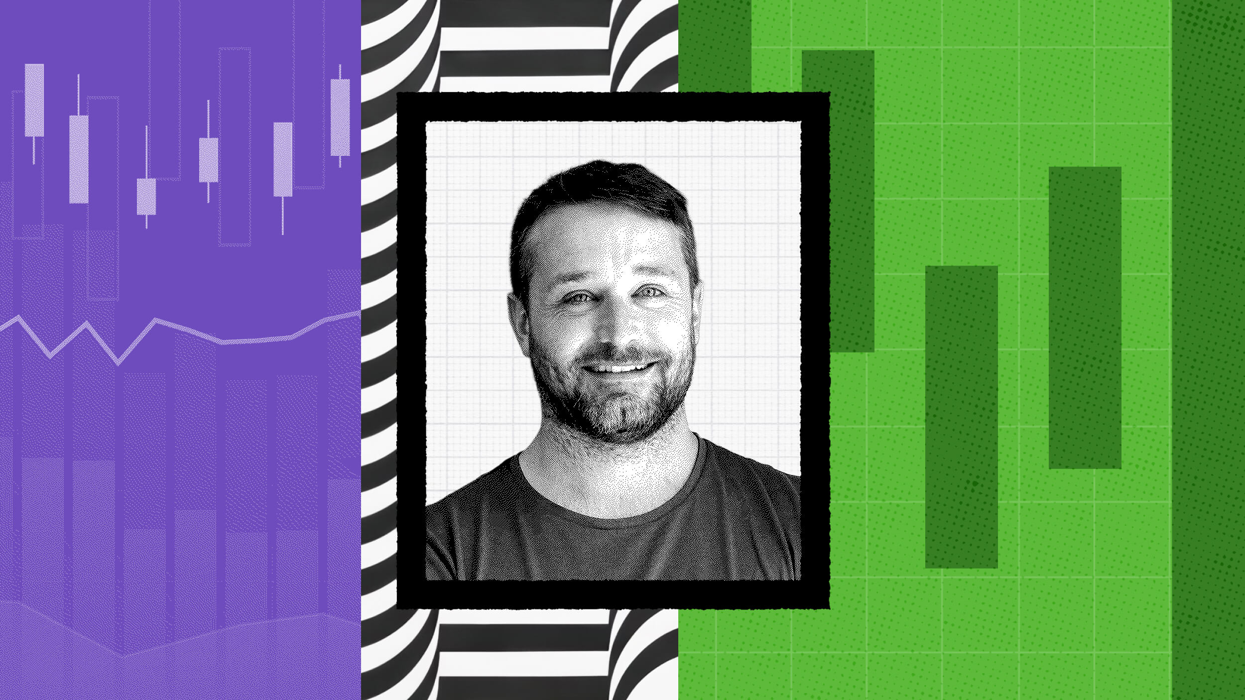 A man with a beard and short hair smiles at the camera; the background features abstract green, purple, and black-and-white graphic patterns—capturing a confident presence that suggests he may share valuable leadership advice.