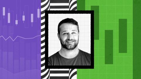 A man with a beard and short hair smiles at the camera; the background features abstract green, purple, and black-and-white graphic patterns—capturing a confident presence that suggests he may share valuable leadership advice.
