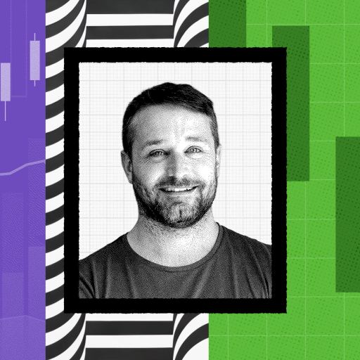 A man with a beard and short hair smiles at the camera; the background features abstract green, purple, and black-and-white graphic patterns—capturing a confident presence that suggests he may share valuable leadership advice.