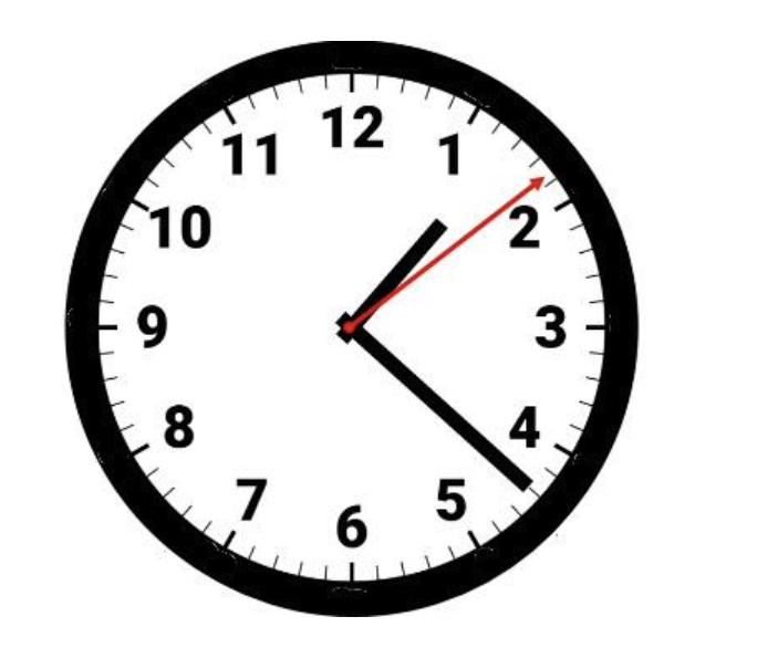 Analog clock showing the time as 1:22, with a white face, black numbers, and hands, with a red second hand.