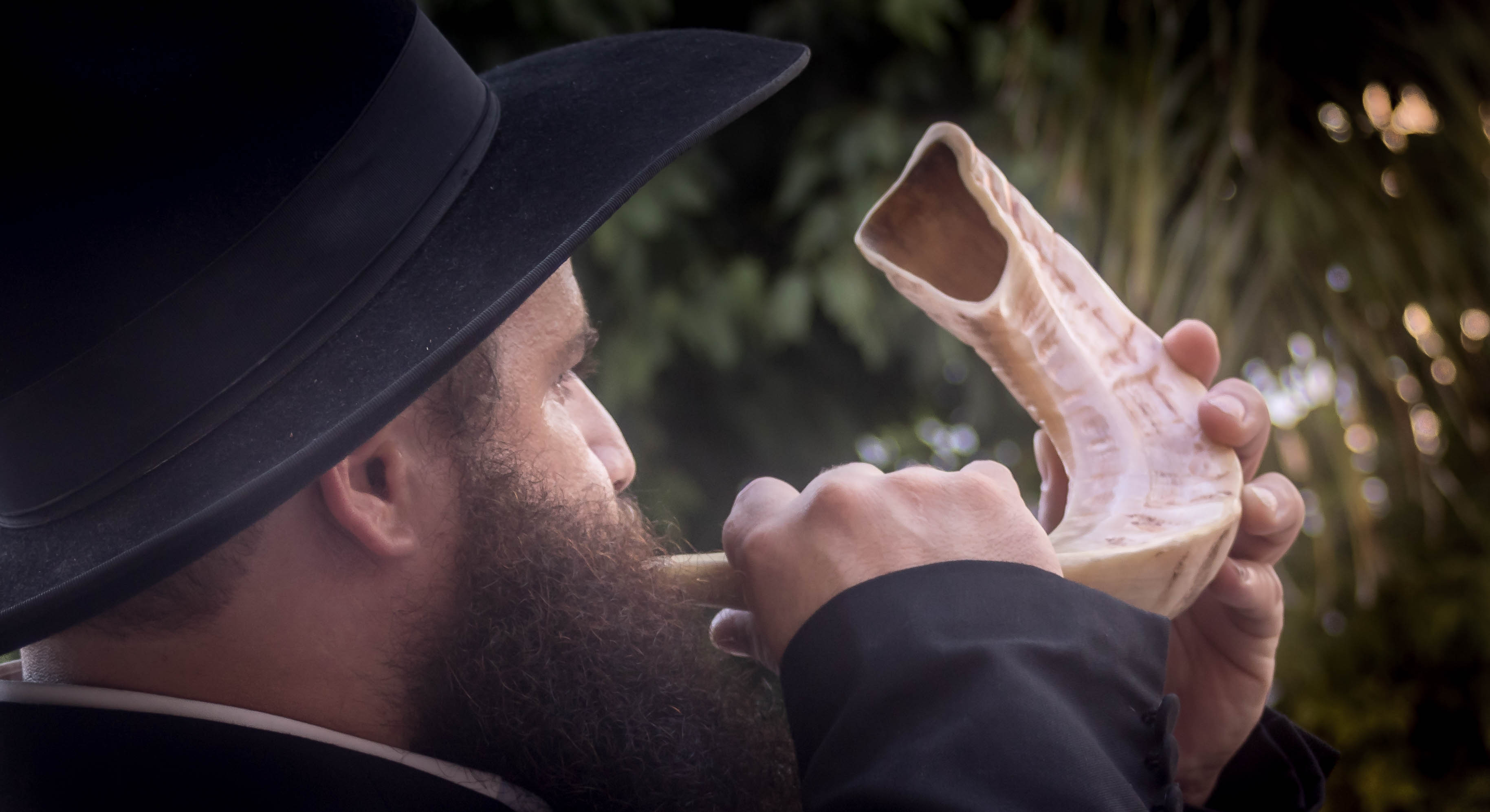 A person, reminiscent of AJ Jacobs' inquisitive spirit, dons a black hat and dark suit jacket as they blow into a shofar, framed by lush greenery.
