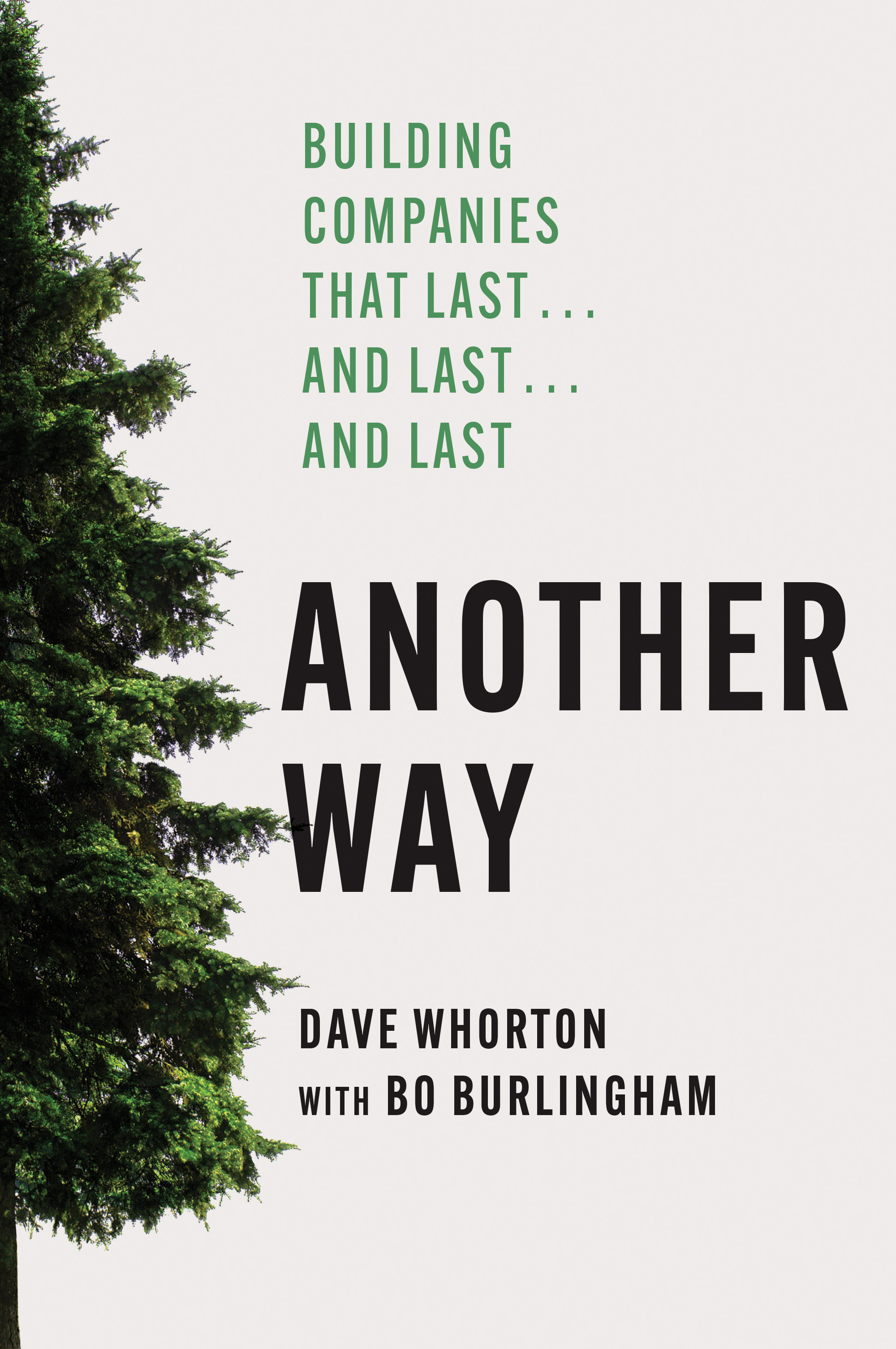 Book cover titled "Another Way" by Dave Whorton with Bo Burlingham. Text reads: "Building companies that last... and last... and last." Tree branches along the left side.