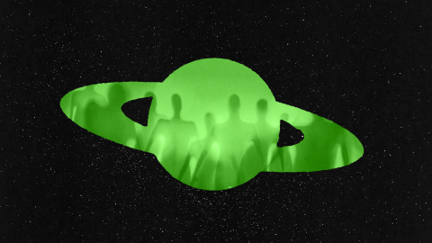 A green planet with rings is shown against a starry black background, with shadowy humanoid figures visible inside the planet’s outline.