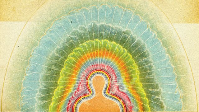 Colorful abstract depiction of a human silhouette surrounded by layered, radiant patterns in various colors against a textured background.